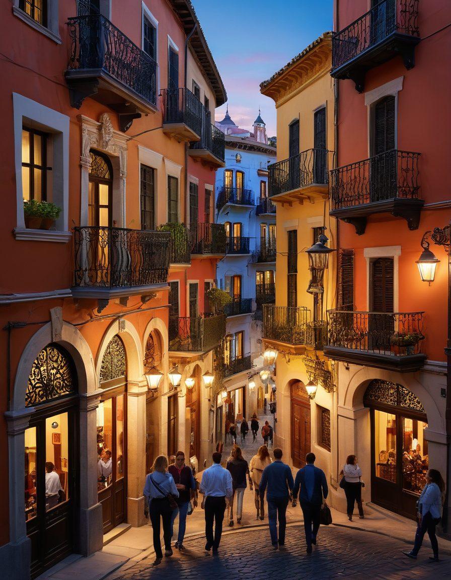 A scenic view of a vibrant Spanish city with a diverse group of professionals engaging in networking and job searching activities. Incorporate symbols of opportunity like open doors and glowing lightbulbs, alongside traditional Spanish architecture. The scenery should evoke a sense of optimism and career growth. Use bright, inviting colors. super-realistic. vibrant colors. cityscape background.