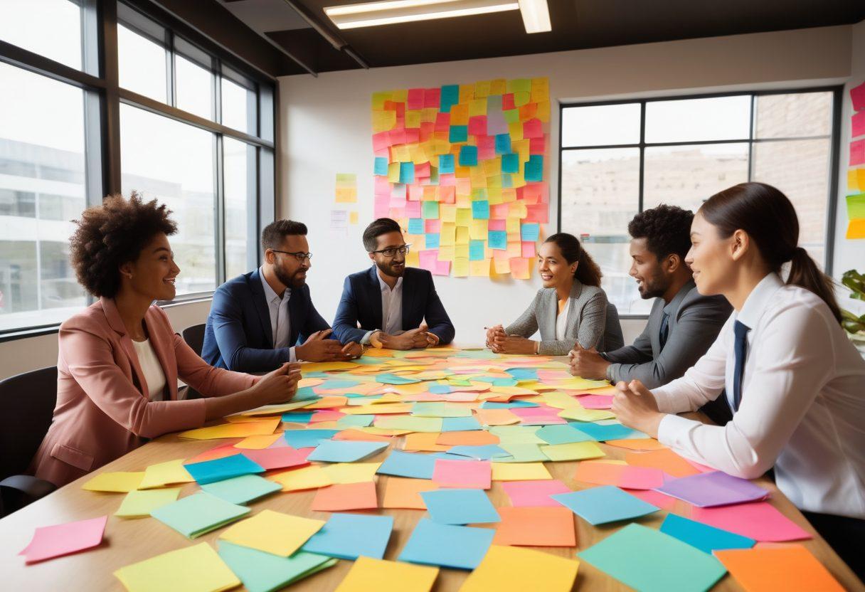 A vibrant scene of a diverse group of professionals in a modern office, engaging in a brainstorming session, highlighting teamwork and collaboration. A large world map in the background with a focus on Spain, symbolizing global opportunities. Include motivational quotes on post-it notes around them. Bright colors and a dynamic atmosphere. super-realistic. vibrant colors.