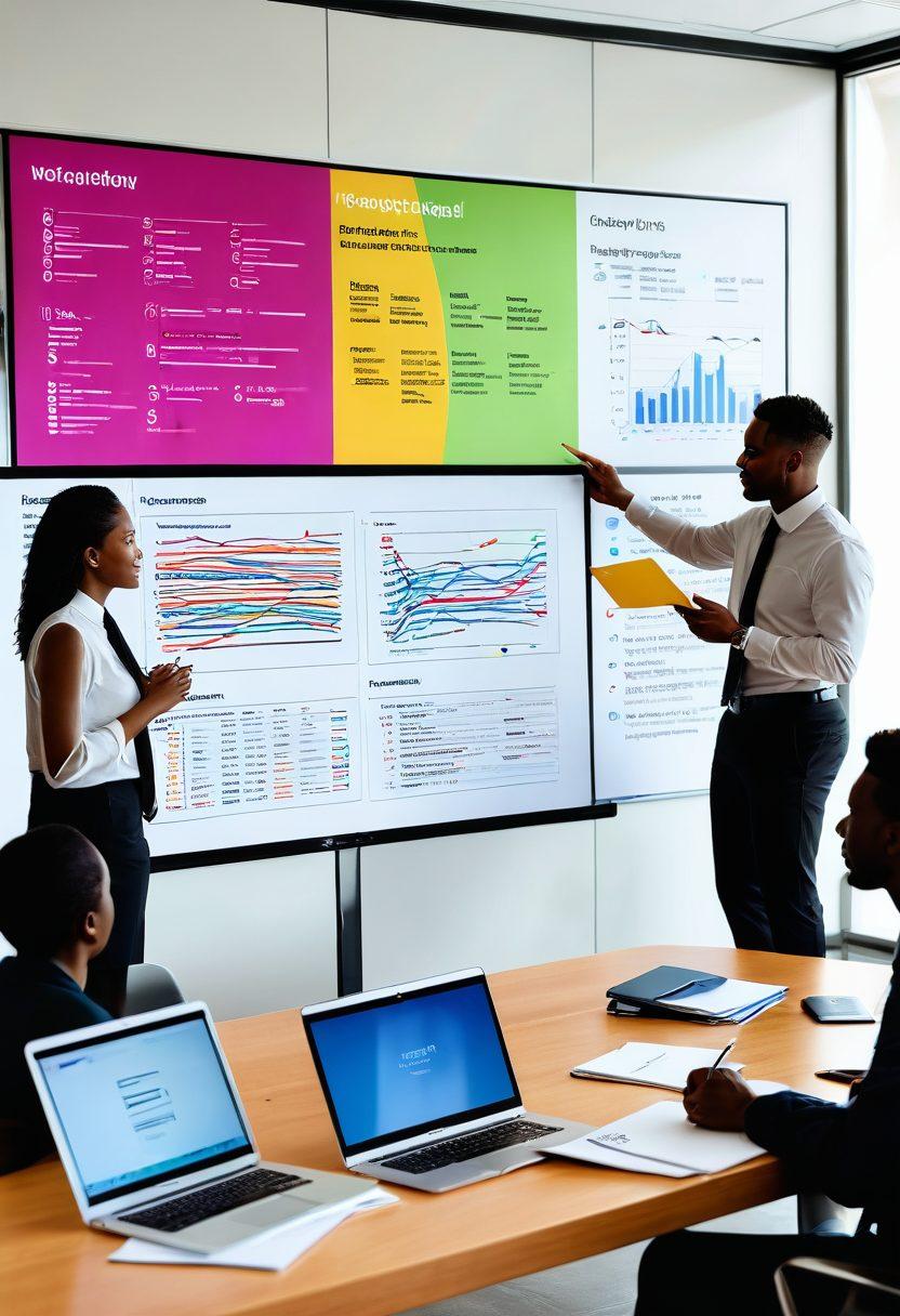 A dynamic workspace scene showcasing a diverse group of professionals engaging in a coaching session, surrounded by job listings on screens and papers scattered around. One individual is presenting in front of a digital board filled with career progression paths, while others are actively taking notes and discussing ideas. The atmosphere is vibrant and motivational, symbolizing growth and collaboration in career development. super-realistic. vibrant colors. modern office setting.